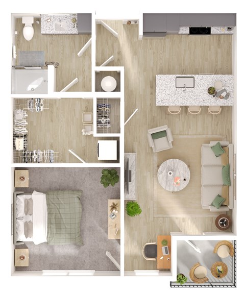 A top-down view of a small apartment with a kitchen, living room, and bathroom.